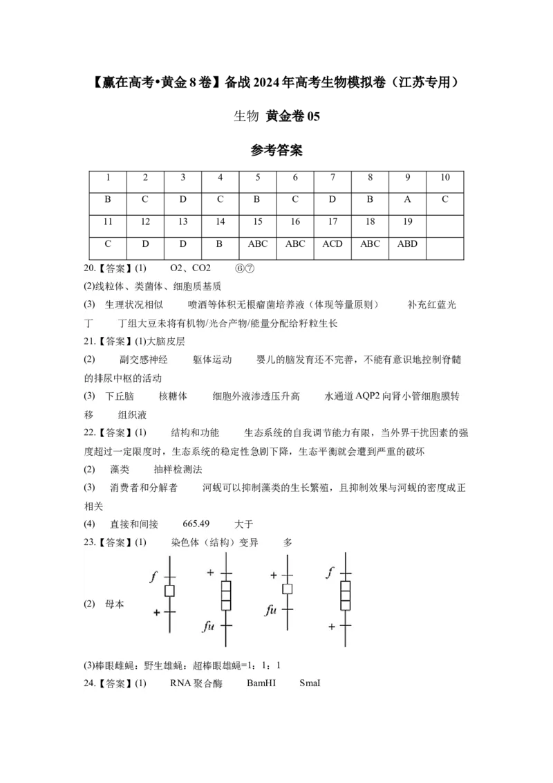 黄金卷05（参考答案）-赢在高考&middot;黄金8卷备战2024年高考生物模拟卷（江苏专用）_2024年新高考资料_4.2024高考模拟预测试卷