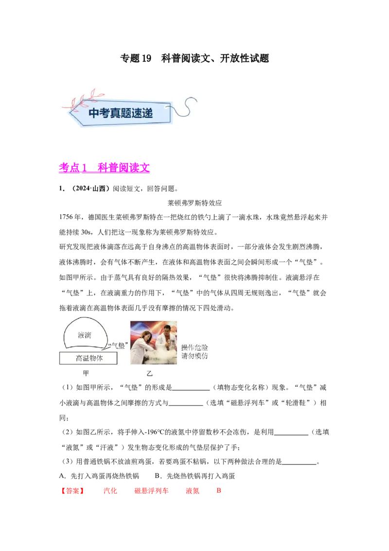 专题19科普阅读文、开放性试题（解析版）_初物_八年级上下册+九年级全一册物理_八年级物理上册_全套教学资源_课件教案2_中考真题_3.2024年全国中考真题分类汇编