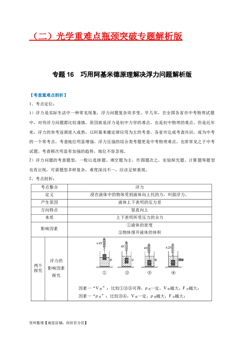 专题16巧用阿基米德原理解决浮力问题(解析版）_8、物理总复习_8.中考物理总复习_2023年中考复习资料_专项复习_解析版