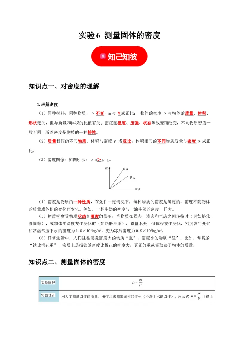 实验6测量固体的密度（解析版）_8、物理总复习_2024年中考复习资料_二轮复习_（讲义+练习）2024年中考物理二轮题型专项复习