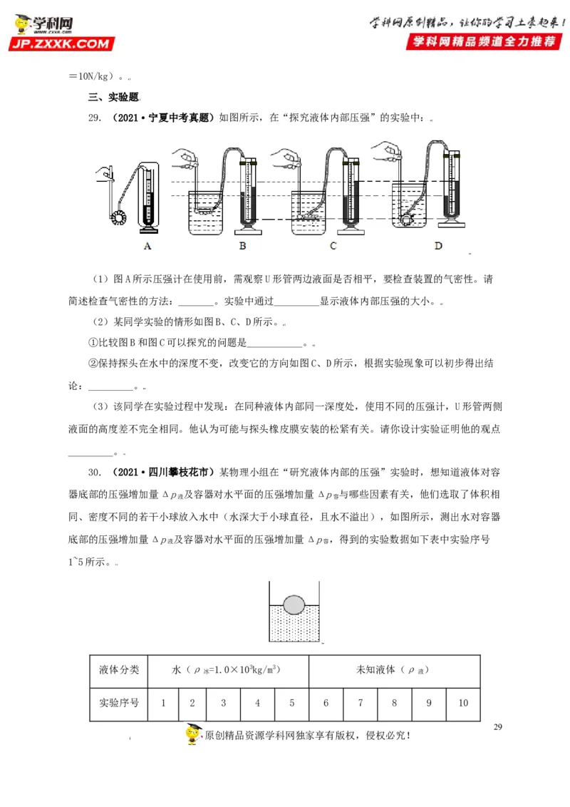专题08压强（原卷版）_8、物理总复习_8.中考物理总复习_2022年中考复习资料_三年（2019-2021）中考真题物理分项汇编（全国通用）
