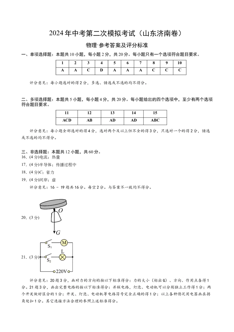 物理（山东济南卷）（参考答案及评分标准）_8、物理总复习_2024中考模拟题物理_二模_物理（山东济南卷）-：2024年中考第二次模拟考试