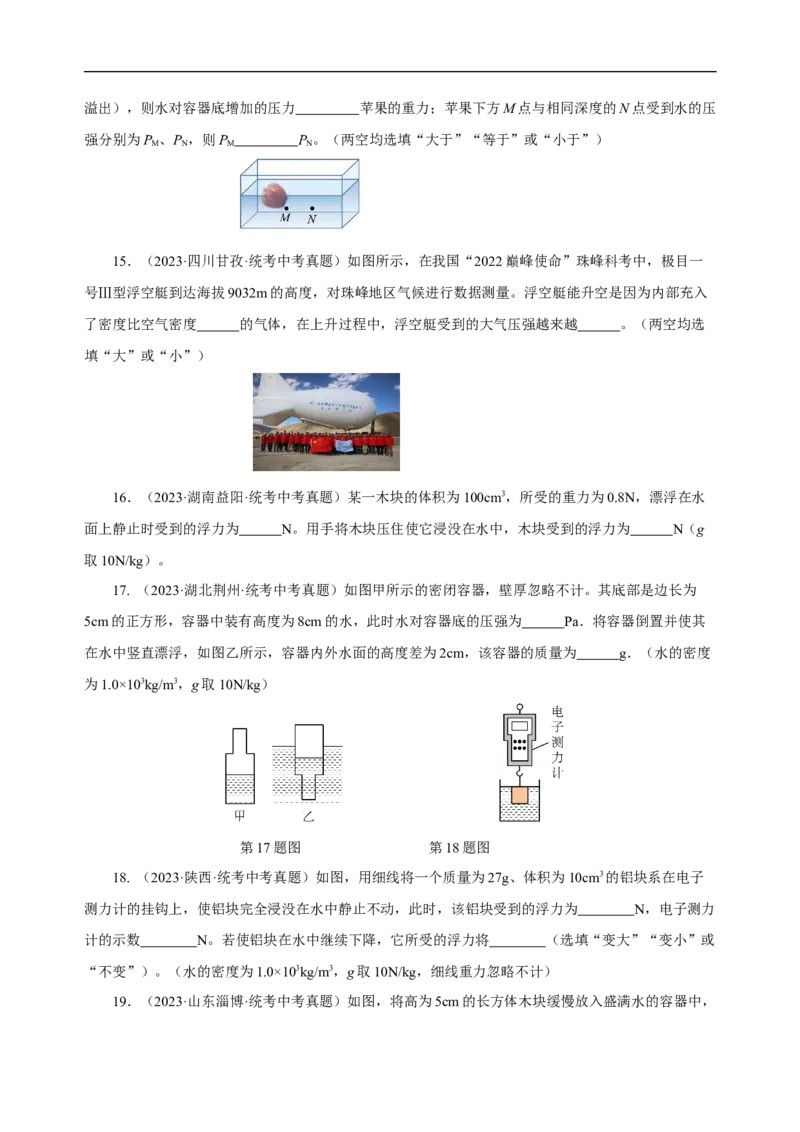 专题10浮力（真题训练）(原卷版）_8、物理总复习_8.中考物理总复习_2024年中考复习资料_一轮复习资料_完2024年中考物理一轮复习课件+练习_配套练习