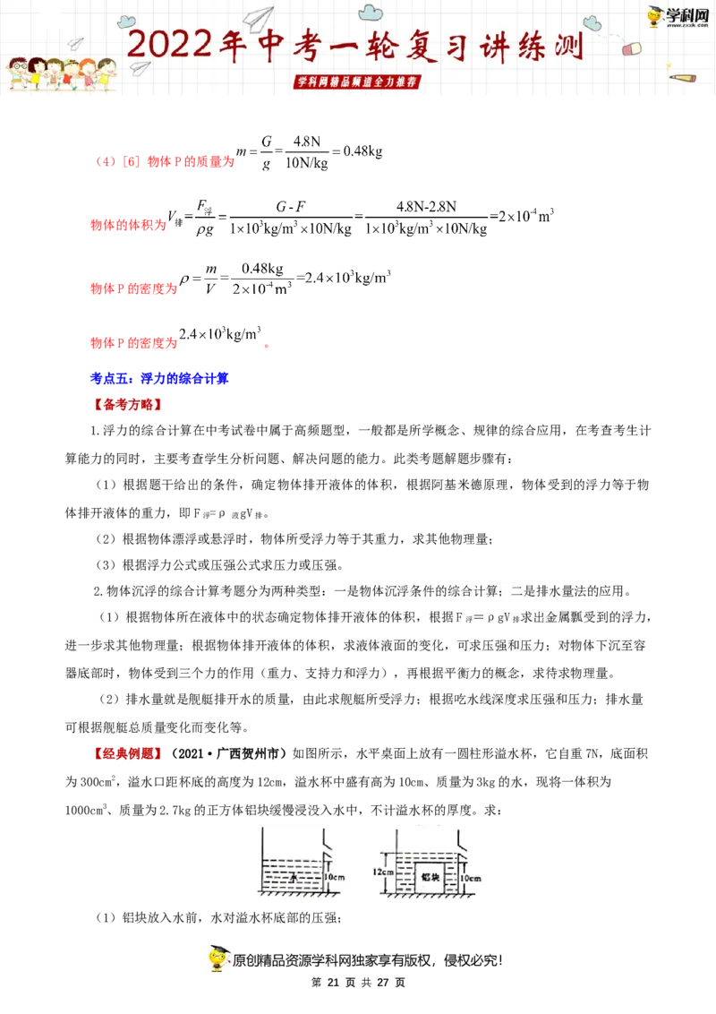专题12浮力（讲练）（解析版）-2022年中考一轮复习讲练测_8、物理总复习_8.中考物理总复习_2022年中考复习资料_2022年中考物理一轮复习讲练测264201163