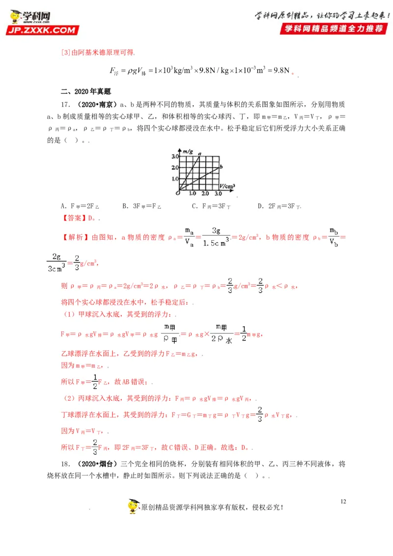 专题09浮力及其应用（解析版）_8、物理总复习_8.中考物理总复习_2022年中考复习资料_三年（2019-2021）中考真题物理分项汇编（全国通用）