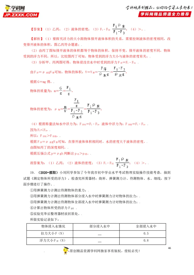 专题09浮力及其应用（解析版）_8、物理总复习_8.中考物理总复习_2022年中考复习资料_三年（2019-2021）中考真题物理分项汇编（全国通用）