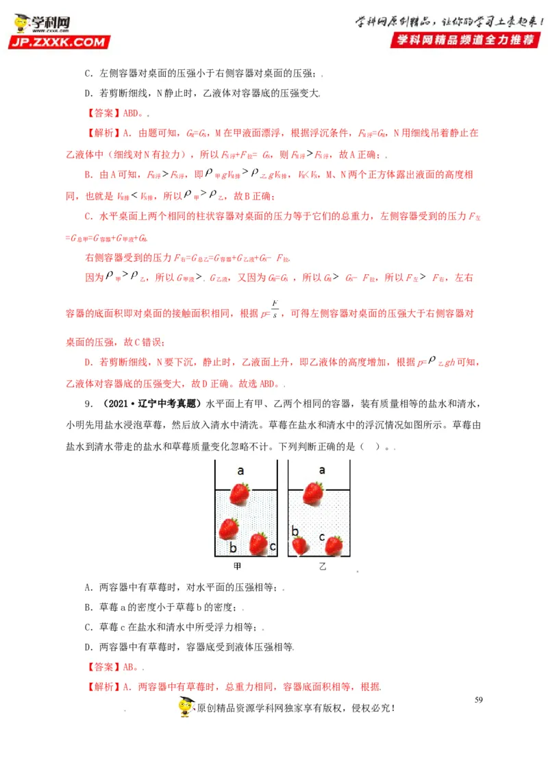 专题09浮力及其应用（解析版）_8、物理总复习_8.中考物理总复习_2022年中考复习资料_三年（2019-2021）中考真题物理分项汇编（全国通用）