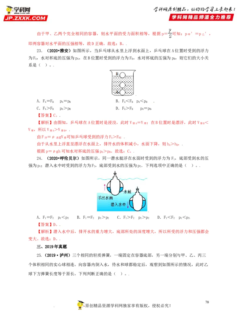 专题09浮力及其应用（解析版）_8、物理总复习_8.中考物理总复习_2022年中考复习资料_三年（2019-2021）中考真题物理分项汇编（全国通用）