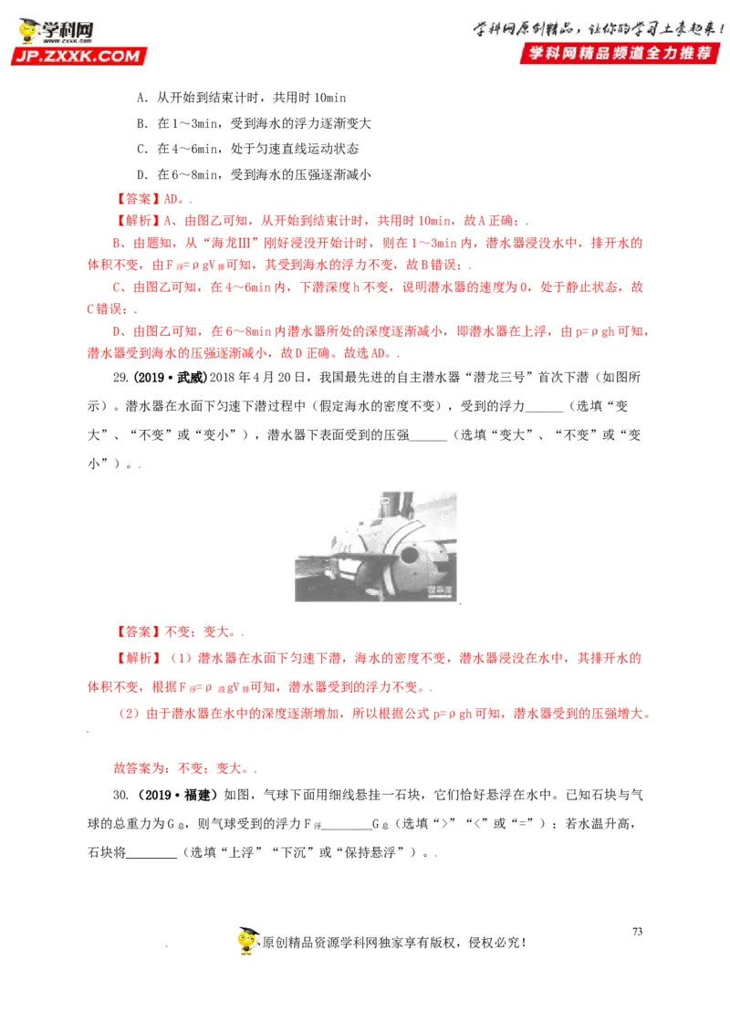 专题09浮力及其应用（解析版）_8、物理总复习_8.中考物理总复习_2022年中考复习资料_三年（2019-2021）中考真题物理分项汇编（全国通用）