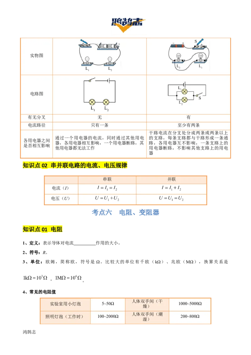 专题14电学基础（6大模块知识清单+5个易混易错+7种方法技巧+典例真题精析）（原卷版）_8、物理总复习_物理一轮复习
