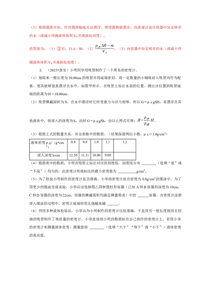 专题7物体浮沉条件浮力应用：浮力秤密度计（解析版）_8、物理总复习_2024年中考复习资料_二轮复习_2024年中考物理二轮专项复习核心考点讲解与必刷题型汇编