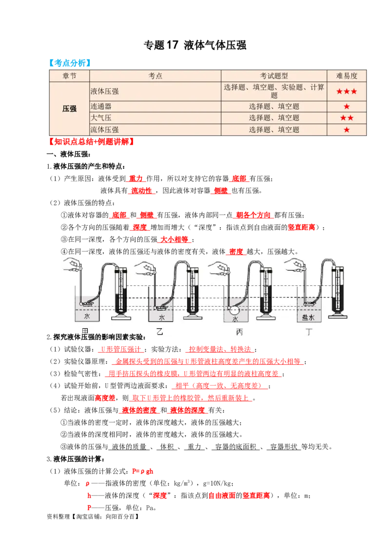 专题17液体气体压强（知识点复习+例题讲解+过关练习）-备战2023年中考物理一轮复习考点帮（解析版）_8、物理总复习_8.中考物理总复习_2023年中考复习资料_一轮复习_解析版