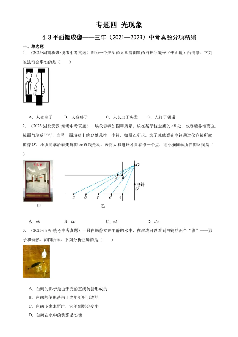 专题4光现象4.3平面镜成像（学生版）_8、物理总复习_2024年中考复习资料_专项复习资料_完三年（2021&mdash;2023）中考真题分项精编（全国通用）