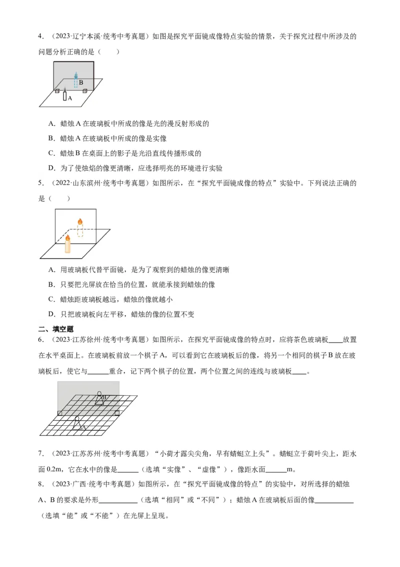 专题4光现象4.3平面镜成像（学生版）_8、物理总复习_2024年中考复习资料_专项复习资料_完三年（2021&mdash;2023）中考真题分项精编（全国通用）