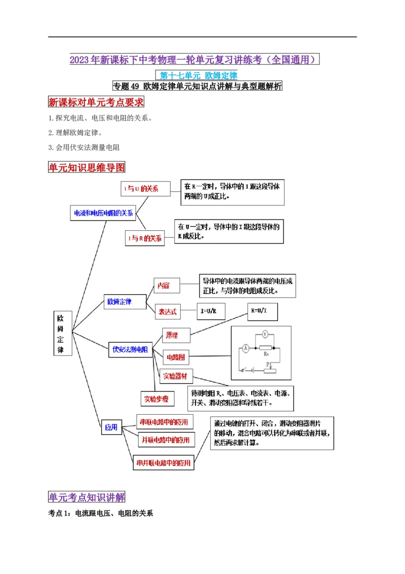 专题49欧姆定律单元知识点讲解与典型题解析（解析版）_8、物理总复习_8.中考物理总复习_2023年中考复习资料_一轮复习_讲义+练习2023届中考物理一轮单元复习讲练考（全国通用）