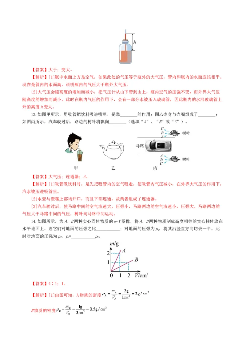 专题10压强（测试）（解析版）_8、物理总复习_2024年中考复习资料_一轮复习_课件+讲义+练习2024年中考物理一轮复习讲练测（全国通用）_配套练习（原卷版+解析版）