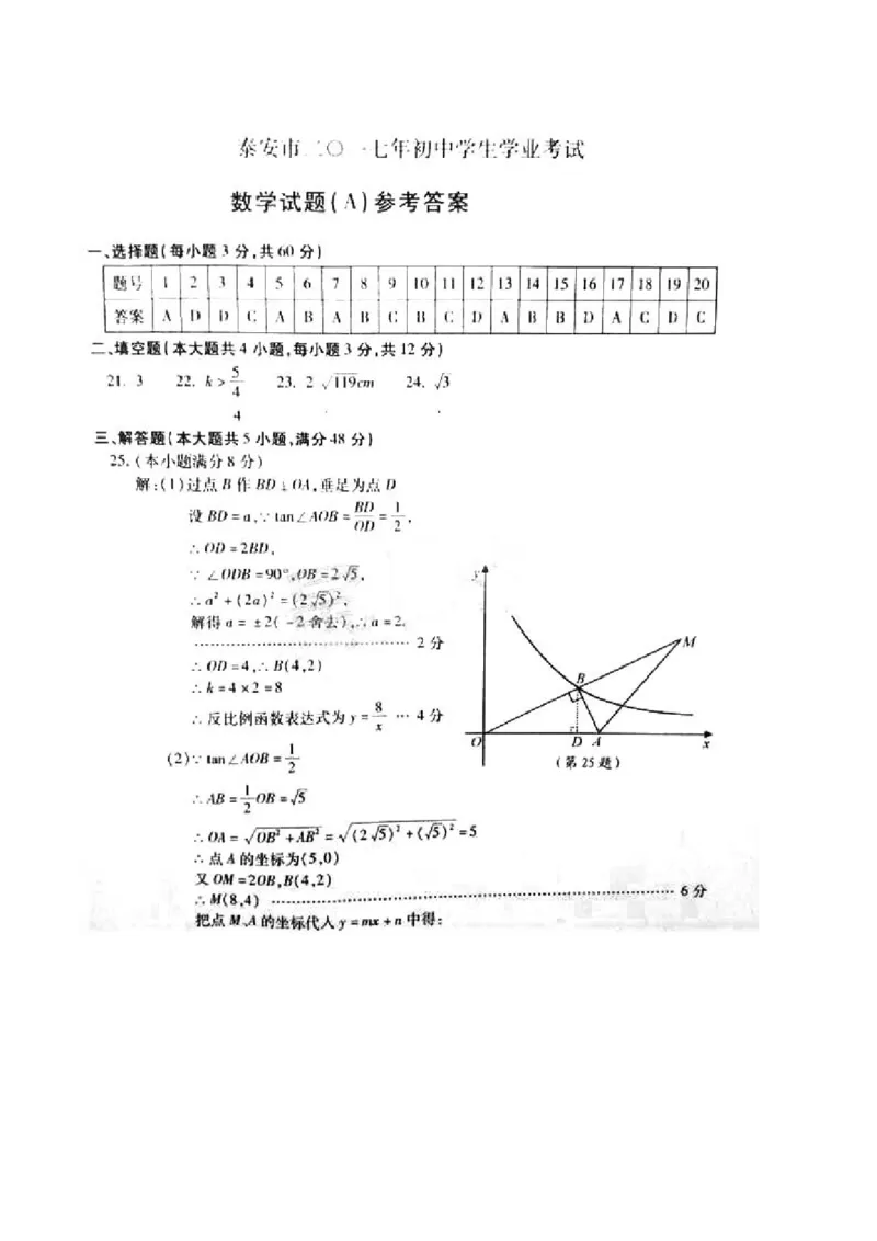 2017山东泰安数学试卷+答案(图片word版)_山东历年中考真题_山东省历年中考真题2013~2024_初中数学历年真题（2013-2024）
