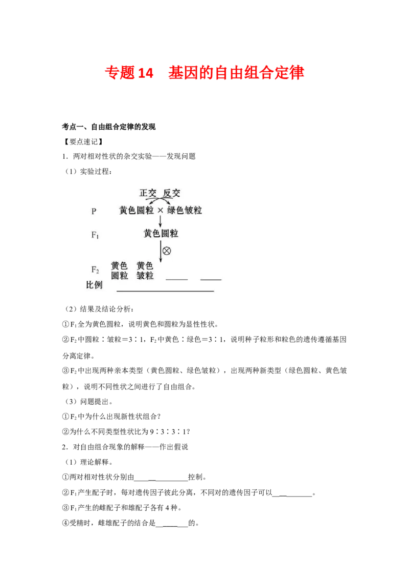 专题14_基因的自由组合定律(学生版)_新高考复习资料_2023年新高考复习资料_二轮复习_增分要点2023高考生物二轮复习专题解读和分层训练291073137