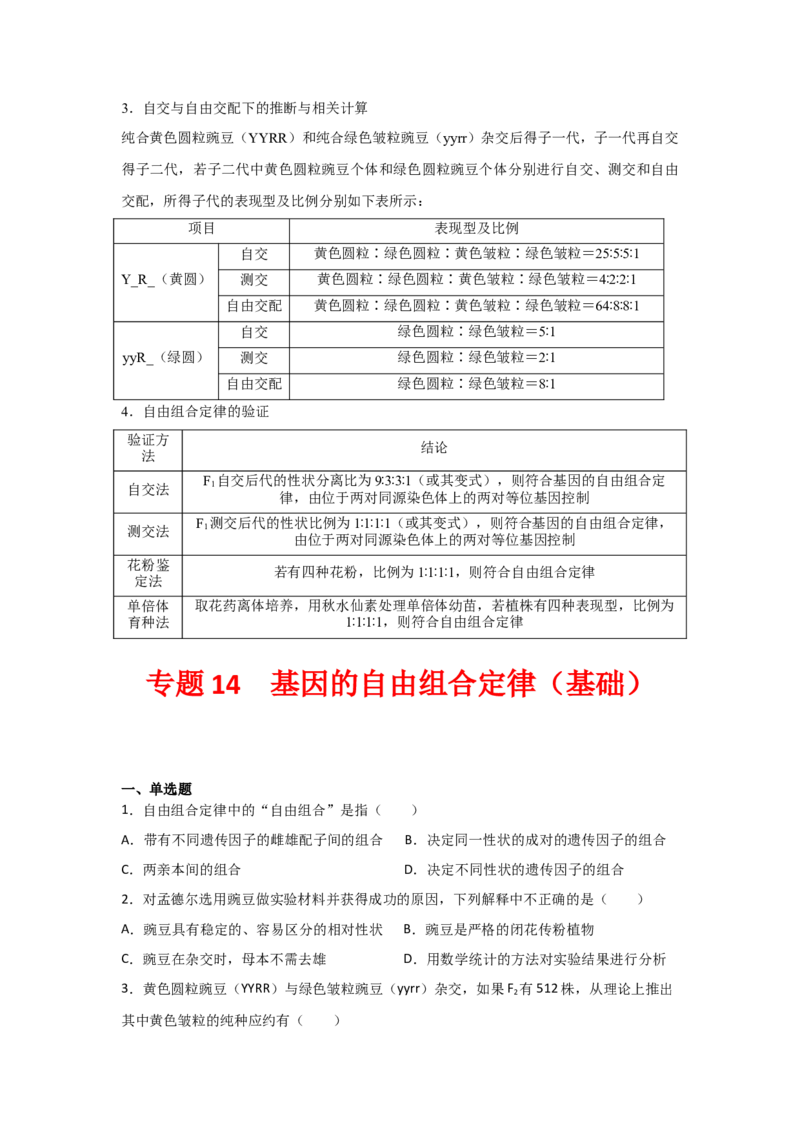 专题14_基因的自由组合定律(学生版)_新高考复习资料_2023年新高考复习资料_二轮复习_增分要点2023高考生物二轮复习专题解读和分层训练291073137