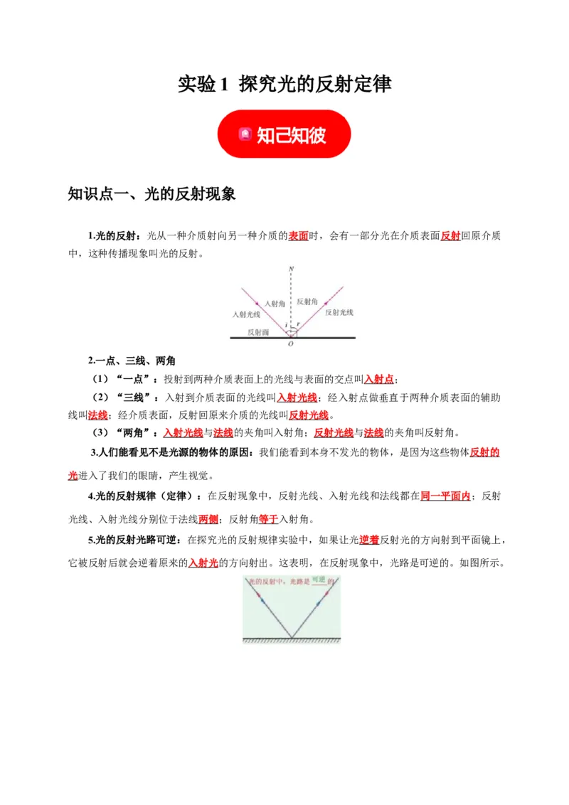 实验1探究光的反射定律（解析版）_8、物理总复习_2024年中考复习资料_二轮复习_（讲义+练习）2024年中考物理二轮题型专项复习