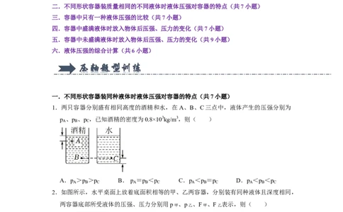 专题07液体压强的比较和计算（容器装液体不同情况分析）六大题型（原卷版）_初物_八年级上下册+九年级全一册物理_八年级物理下册_压轴题训练（更新中）-U172