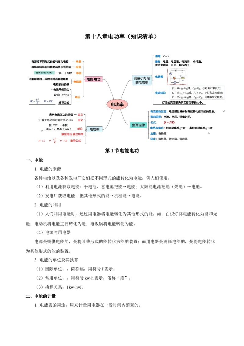 第十八章电功率（知识清单）-（人教版）（学生版）_初物_八年级上下册+九年级全一册物理_九年级物理全一册_知识清单