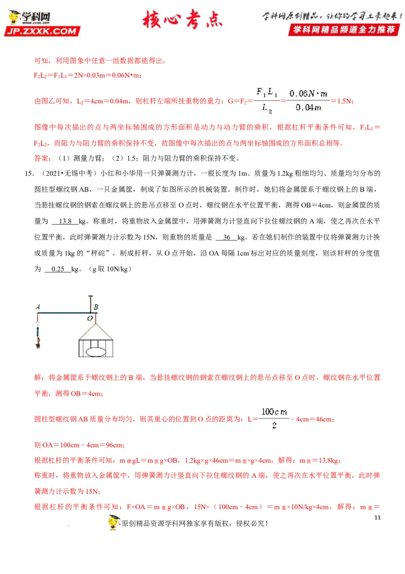 专题24杠杆平衡分析及应用（解析版）-2022年中考物理二轮专项复习核心考点突破与必刷题型汇编（全国通用）_8、物理总复习_8.中考物理总复习_2022年中考复习资料
