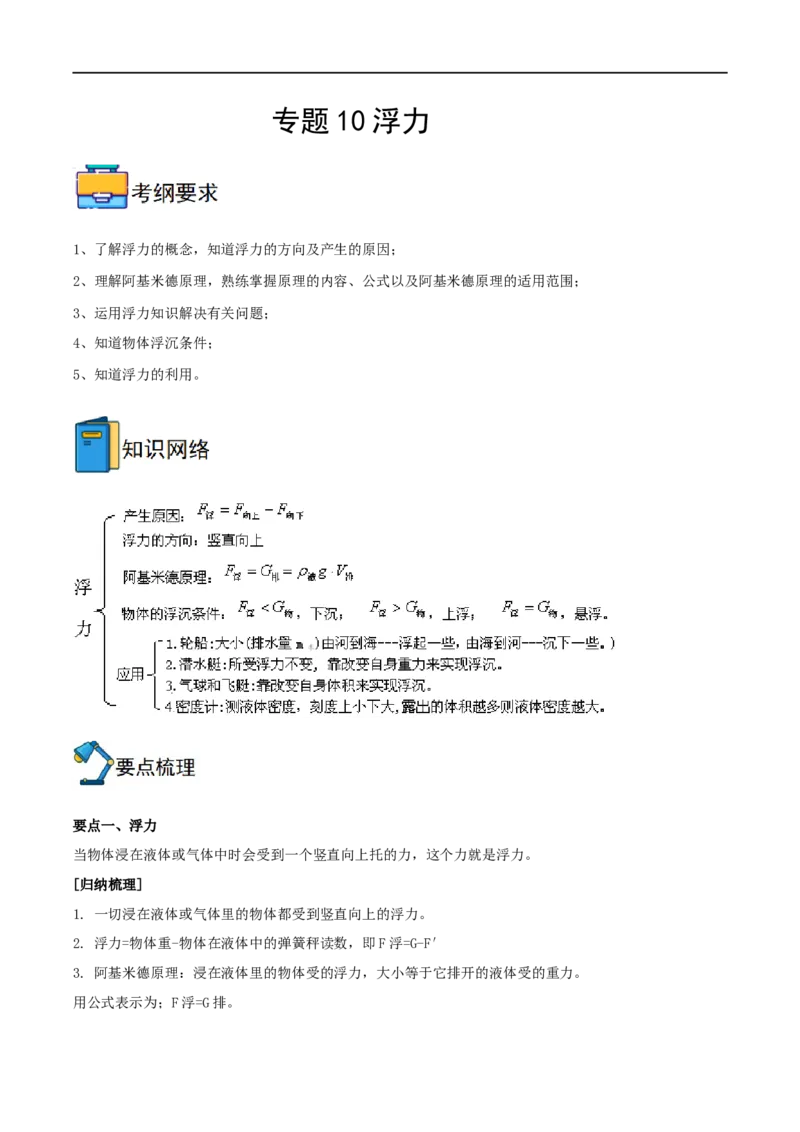 专题10浮力全攻略备战2023年中考物理一轮重难点复习（原卷版）_8、物理总复习_8.中考物理总复习_2023年中考复习资料_一轮复习_全攻略备战2023年中考物理一轮重难点复习_基础篇