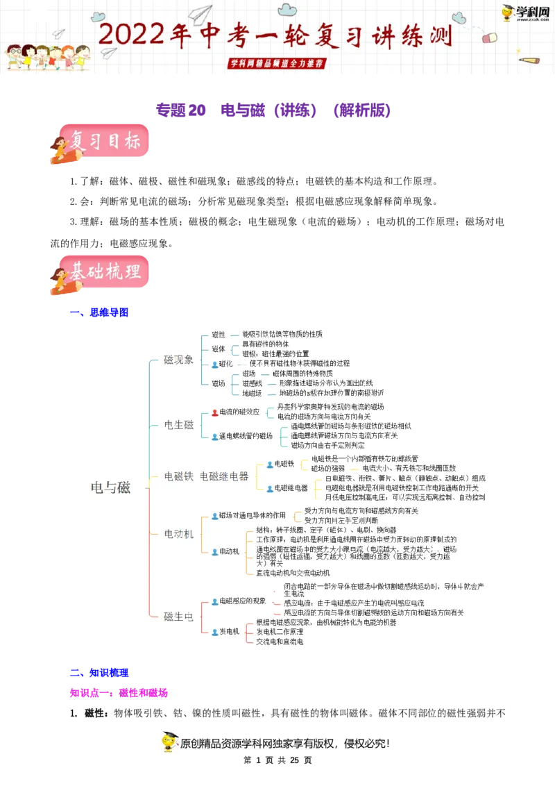 专题20电与磁（讲练）（解析版）-2022年中考一轮复习讲练测_8、物理总复习_8.中考物理总复习_2022年中考复习资料_2022年中考物理一轮复习讲练测264201163