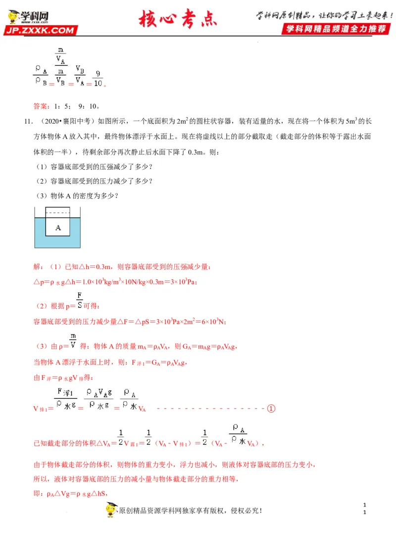 专题15均匀柱体、叠加柱体、切割体的压强（解析版）-2022年中考物理二轮专项复习核心考点突破与必刷题型汇编（全国通用）_8、物理总复习_8.中考物理总复习_2022年中考复习资料