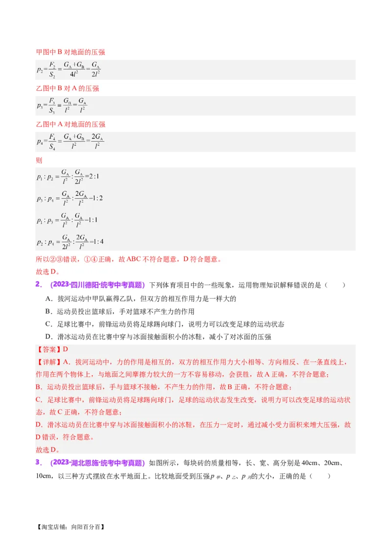 专题10压力与压强（解析版）_8、物理总复习_2024年中考复习资料_一轮复习_完备战2024年中考物理一轮复习考点帮（全国通用）_教师版（含答案解析）