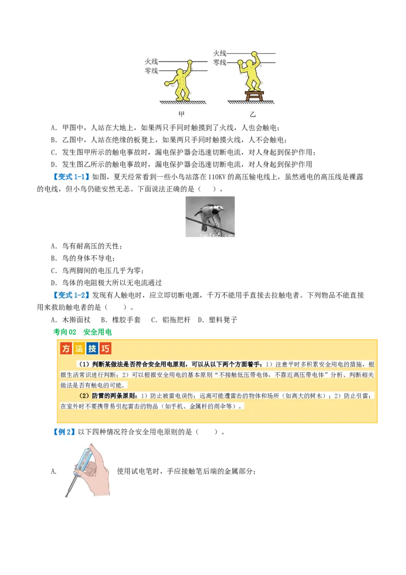 专题19生活用电（3考点+6考向）（讲义）（原卷版）_8、物理总复习_2024年中考复习资料_一轮复习_课件+讲义+练习2024年中考物理一轮复习讲练测（全国通用）