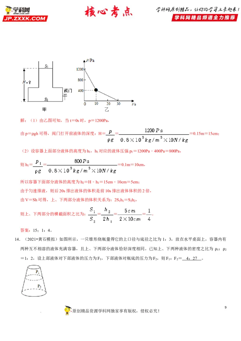 专题16不规则容器的液体压强（解析版）-2022年中考物理二轮专项复习核心考点突破与必刷题型汇编（全国通用）_8、物理总复习_8.中考物理总复习_2022年中考复习资料