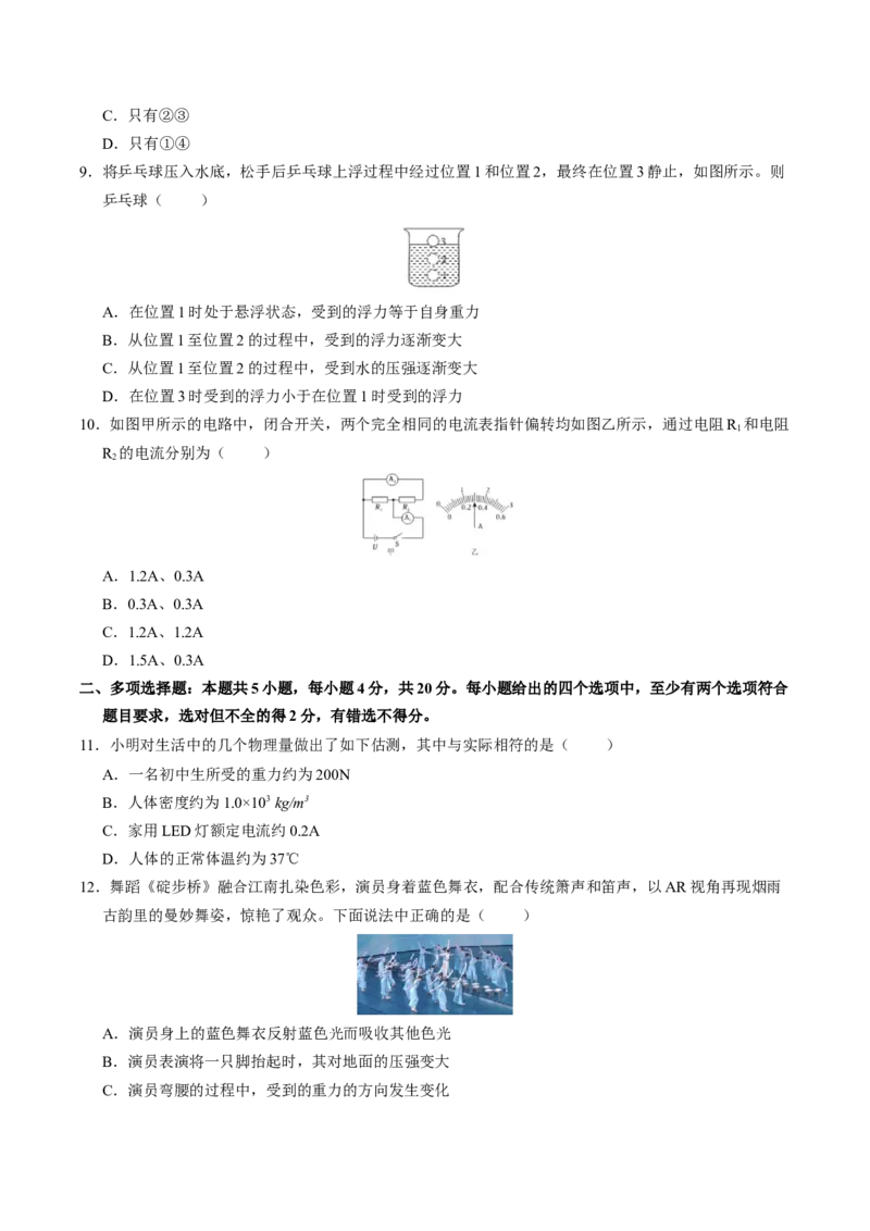 物理（山东卷）（考试版A4）_8、物理总复习_2024中考模拟题物理_三模（37套）_物理（山东卷）