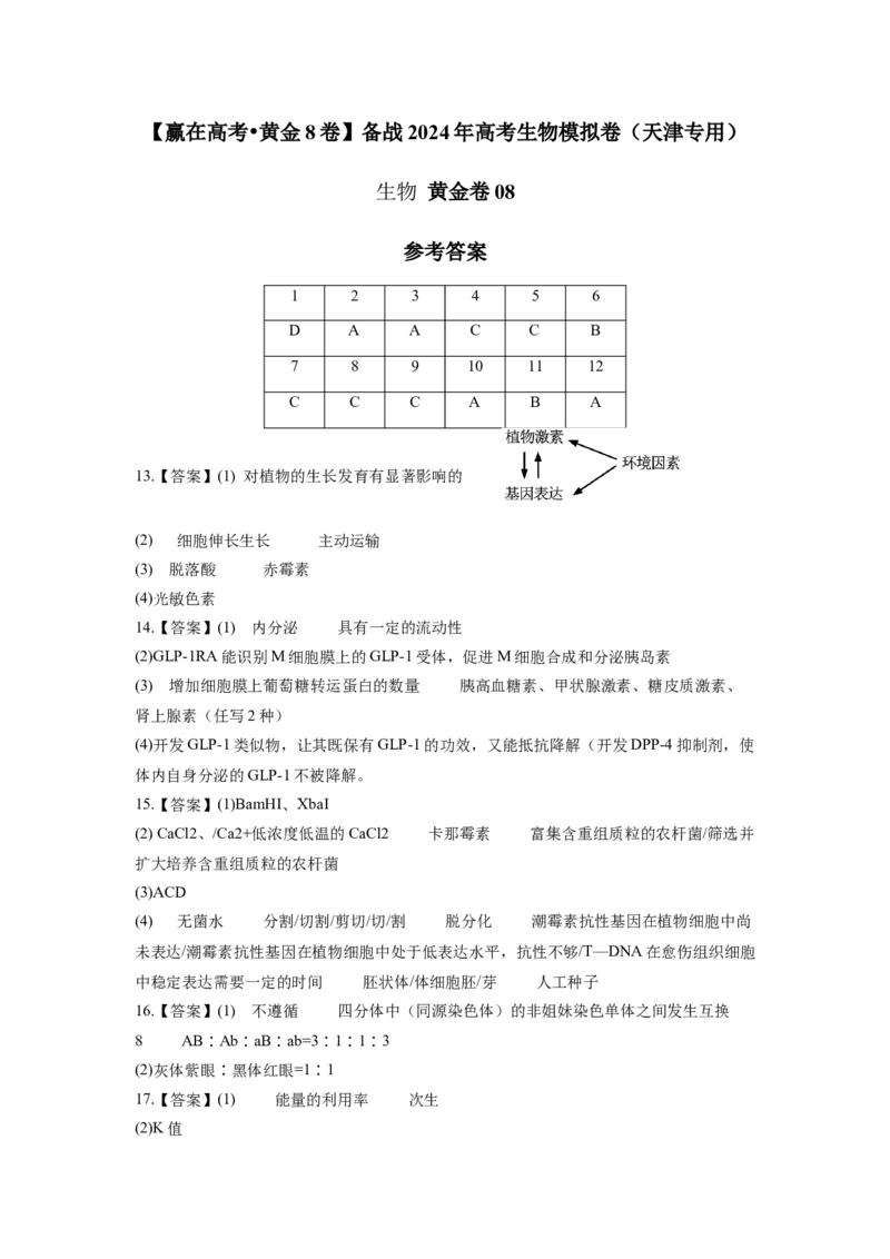 黄金卷08（参考答案）-赢在高考&middot;黄金8卷备战2024年高考生物模拟卷（天津专用）_2024年新高考资料_4.2024高考模拟预测试卷