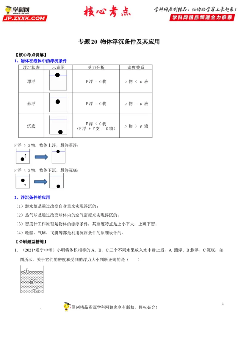 专题20物体浮沉条件及其应用（解析版）-2022年中考物理二轮专项复习核心考点突破与必刷题型汇编（全国通用）_8、物理总复习_8.中考物理总复习_2022年中考复习资料