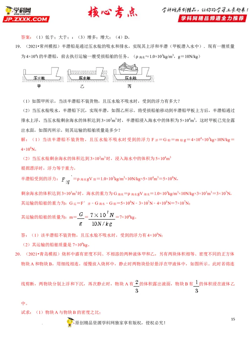 专题20物体浮沉条件及其应用（解析版）-2022年中考物理二轮专项复习核心考点突破与必刷题型汇编（全国通用）_8、物理总复习_8.中考物理总复习_2022年中考复习资料