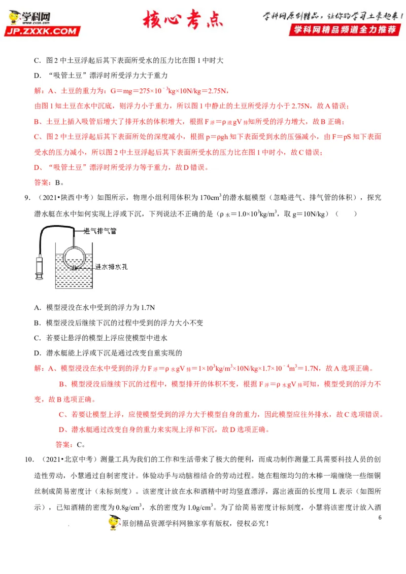 专题20物体浮沉条件及其应用（解析版）-2022年中考物理二轮专项复习核心考点突破与必刷题型汇编（全国通用）_8、物理总复习_8.中考物理总复习_2022年中考复习资料
