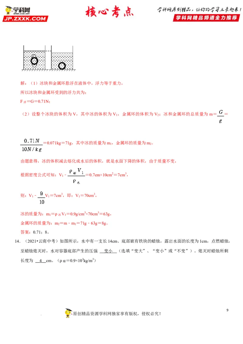 专题20物体浮沉条件及其应用（解析版）-2022年中考物理二轮专项复习核心考点突破与必刷题型汇编（全国通用）_8、物理总复习_8.中考物理总复习_2022年中考复习资料