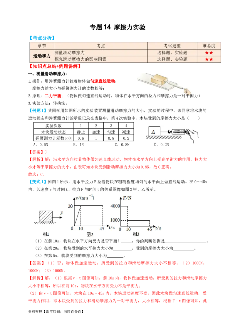 专题14摩擦力实验（知识点复习+例题讲解+过关练习）-备战2023年中考物理一轮复习考点帮（解析版）_8、物理总复习_8.中考物理总复习_2023年中考复习资料_一轮复习_解析版