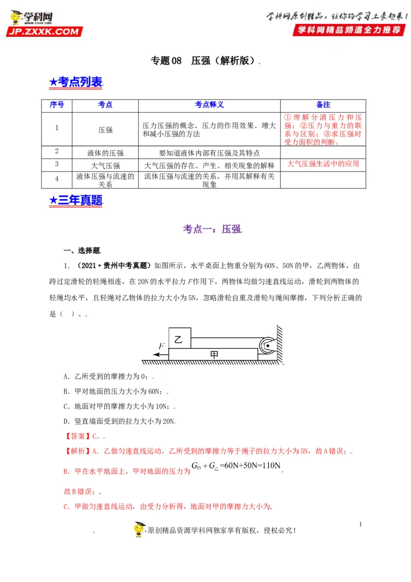 专题08压强（解析版）_8、物理总复习_8.中考物理总复习_2022年中考复习资料_三年（2019-2021）中考真题物理分项汇编（全国通用）