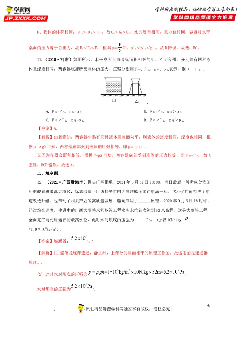 专题08压强（解析版）_8、物理总复习_8.中考物理总复习_2022年中考复习资料_三年（2019-2021）中考真题物理分项汇编（全国通用）