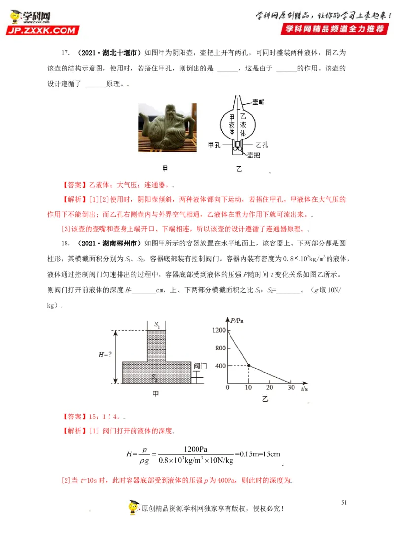 专题08压强（解析版）_8、物理总复习_8.中考物理总复习_2022年中考复习资料_三年（2019-2021）中考真题物理分项汇编（全国通用）