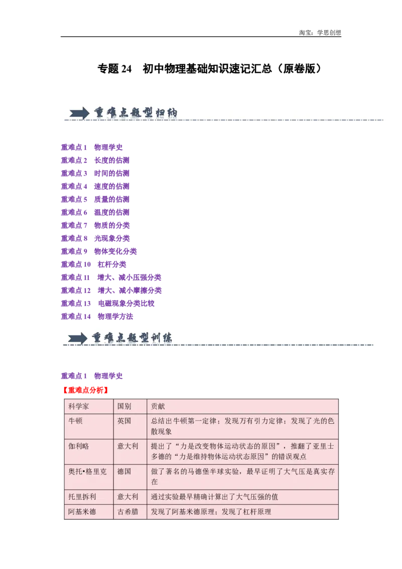 专题24初中物理基础知识速记汇总（学生版）备考2025年中考物理重难点讲解与训练_初物_2025中考物理重难点归纳专题训练易错训练题压轴特训复习word素材