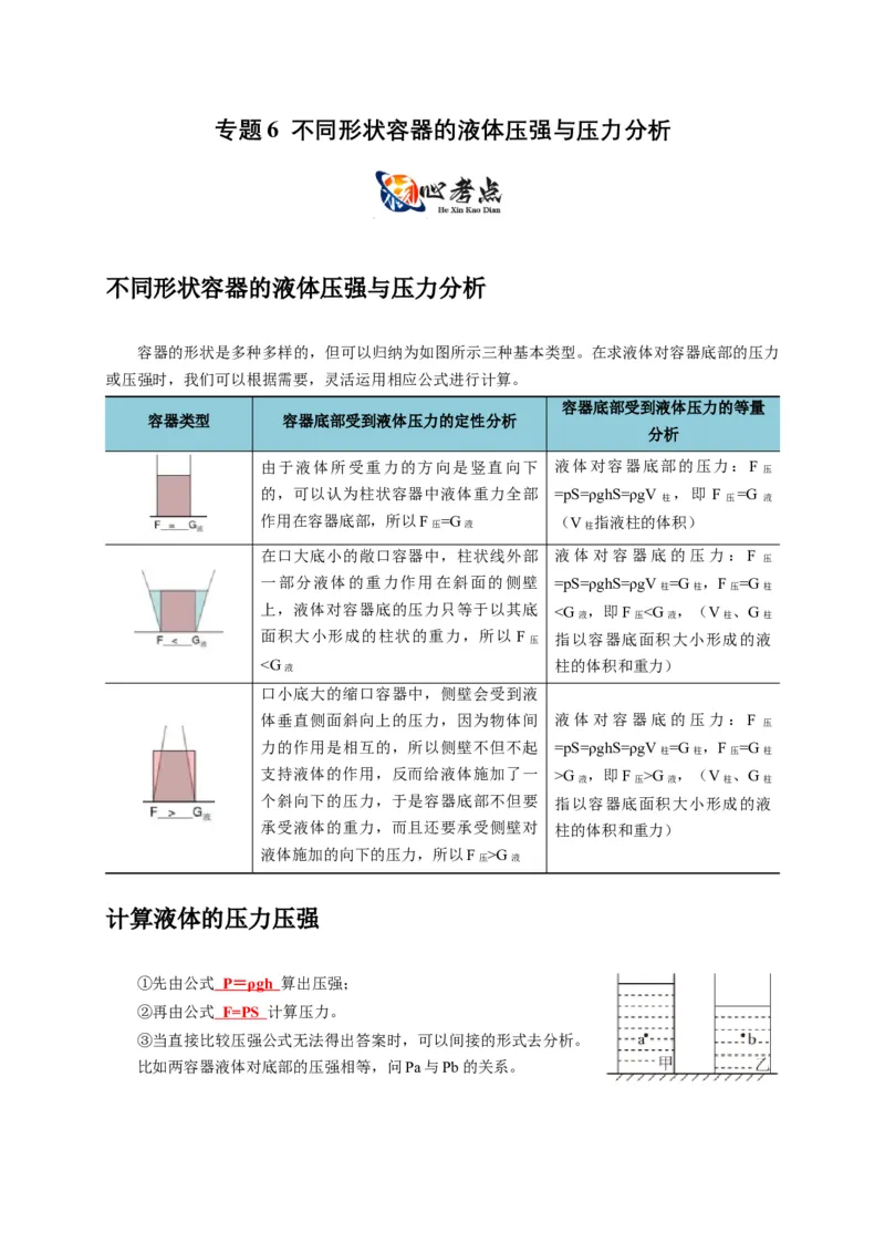 专题6不同形状容器的液体压强与压力分析（解析版）_8、物理总复习_2024年中考复习资料_二轮复习_2024年中考物理二轮专项复习核心考点讲解与必刷题型汇编