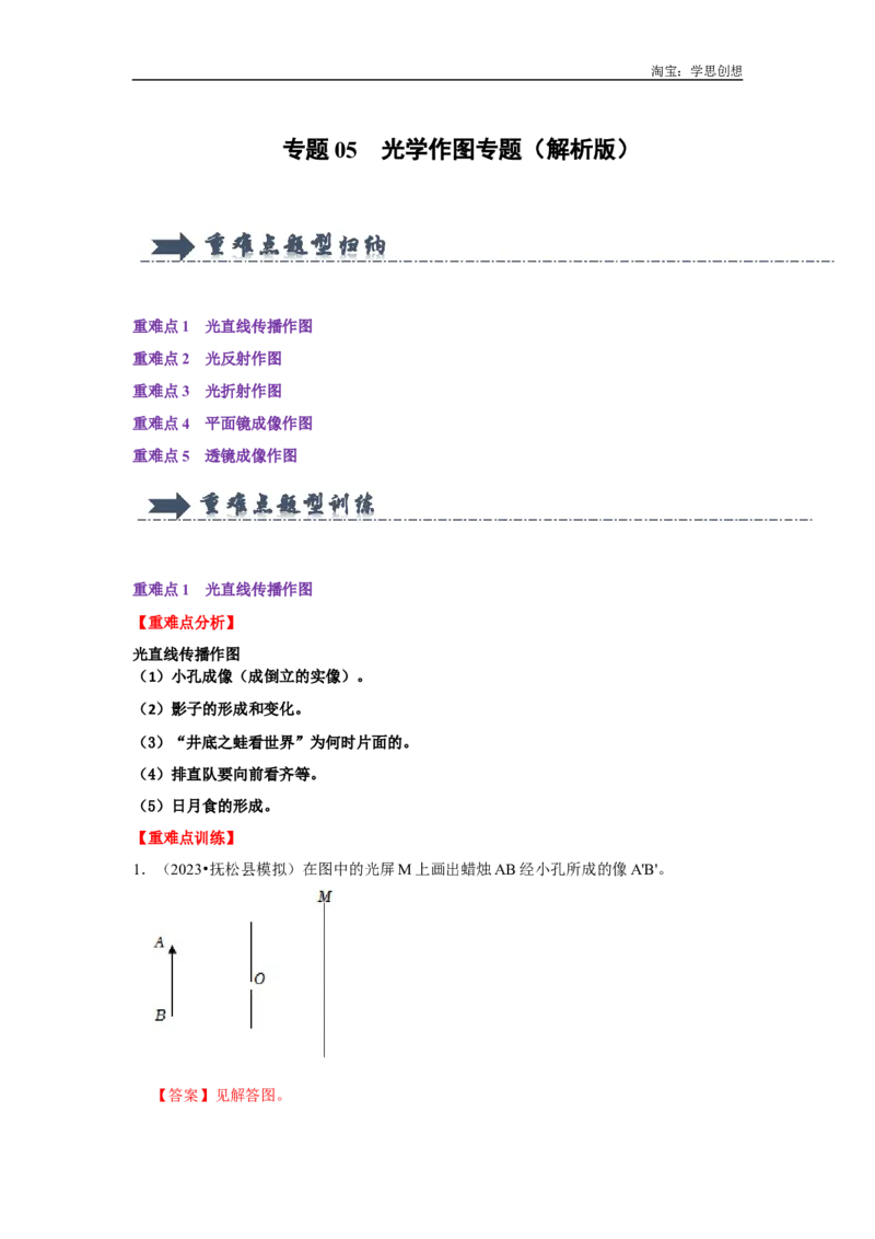 专题05光学作图专题（教师版）备考2025年中考物理重难点讲解与训练_初物_2025中考物理重难点归纳专题训练易错训练题压轴特训复习word素材