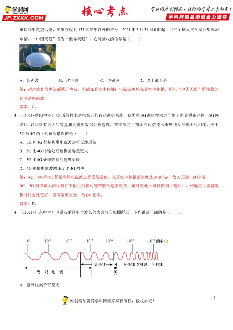 专题39电磁波与信息传递（解析版）-2022年中考物理二轮专项复习核心考点讲解与必刷题型汇编（全国通用）_8、物理总复习_8.中考物理总复习_2022年中考复习资料