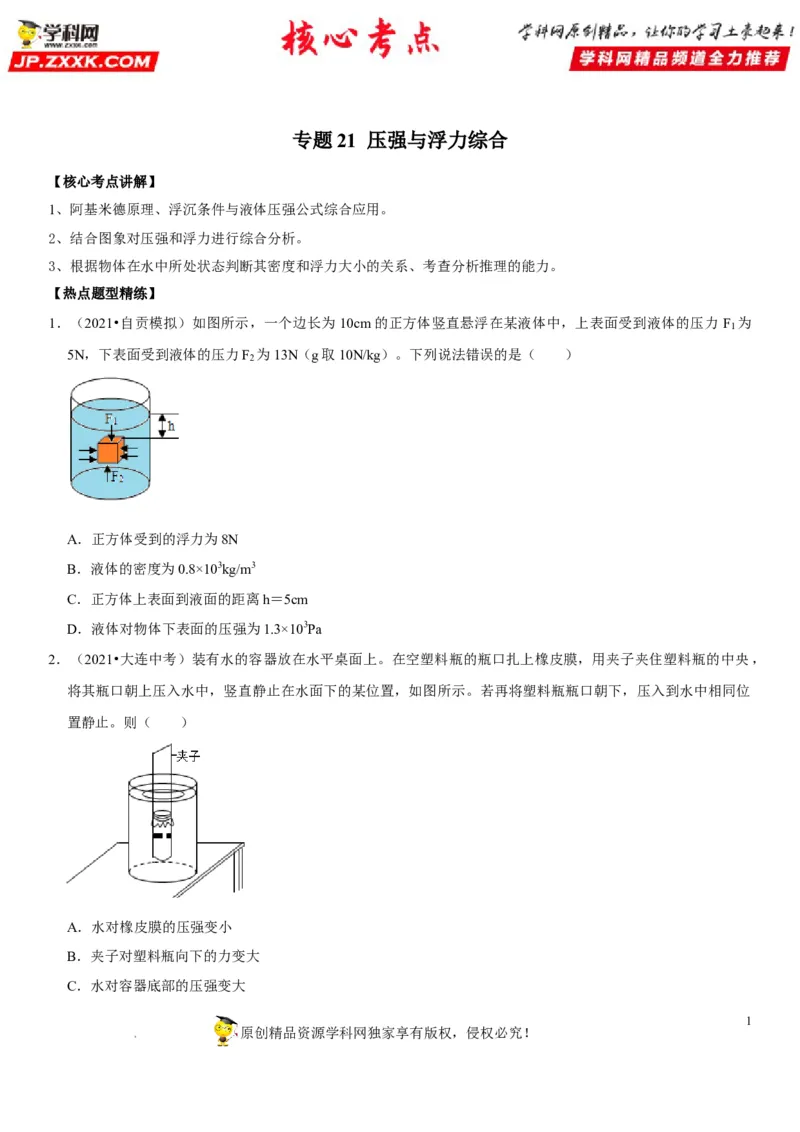 专题21压强与浮力综合（原卷版）-2022年中考物理二轮专项复习核心考点突破与必刷题型汇编（全国通用）_8、物理总复习_8.中考物理总复习_2022年中考复习资料