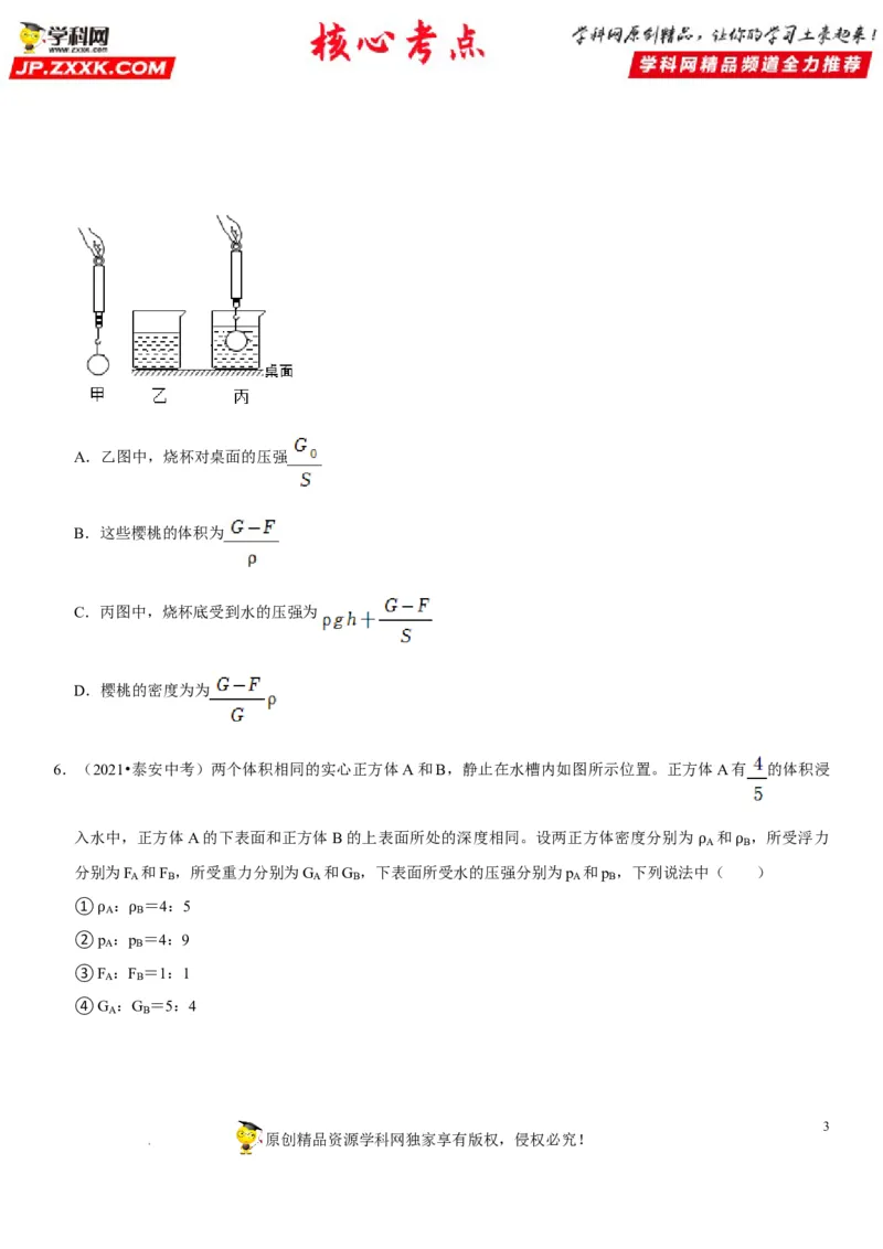 专题21压强与浮力综合（原卷版）-2022年中考物理二轮专项复习核心考点突破与必刷题型汇编（全国通用）_8、物理总复习_8.中考物理总复习_2022年中考复习资料