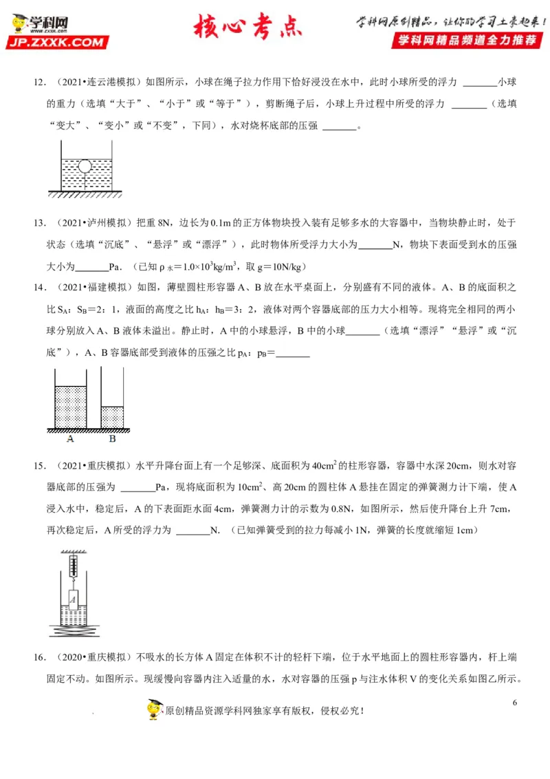 专题21压强与浮力综合（原卷版）-2022年中考物理二轮专项复习核心考点突破与必刷题型汇编（全国通用）_8、物理总复习_8.中考物理总复习_2022年中考复习资料